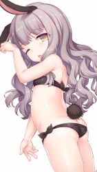 Rule 34 | 1girl, animal ears, arm up, ass, bad id, bad twitter id, bare shoulders, belly, bikini, black bikini, blush, breasts, butt crack, dutch angle, from side, grey hair, half-closed eye, highres, long hair, looking at viewer, maki (natoriumu), one eye closed, open mouth, original, paw pose, petite, rabbit ears, rabbit tail, side-tie bikini bottom, simple background, small breasts, solo, swimsuit, tail, tareme, teeth, thighs, wavy hair, white background, yellow eyes