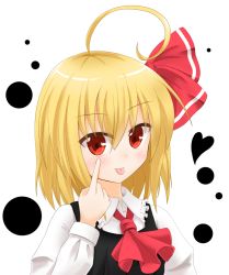 Rule 34 | 1girl, :p, ahoge, black dress, blonde hair, bow, commentary request, dress, hair between eyes, hair bow, heart, long sleeves, red bow, red eyes, rumia, short hair, simple background, solo, tongue, tongue out, touhou, white background, yamato tachibana