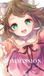 Rule 34 | 1girl, :d, absurdres, animal ear fluff, animal ears, breasts, brown hair, commission, dress, frilled sleeves, frills, green eyes, highres, long hair, long sleeves, looking at viewer, medium breasts, open mouth, original, outstretched arms, pink dress, puffy long sleeves, puffy sleeves, simple background, skeb commission, smile, solo, watermark, white background, yonema
