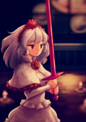 Rule 34 | 1girl, candle, colored skin, dazed, dress, fennel (momodora), flower, hairband, holding, holding sword, holding weapon, long hair, makaroll, momodora: reverie under the moonlight, princess, red eyes, rose, short sword, solo, stain, stained glass, sword, weapon, white dress, white hair, white skin