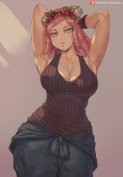 Rule 34 | 1girl, arms behind head, arms up, boku no hero academia, breasts, cleavage, collarbone, commentary, cowboy shot, english commentary, eyewear on head, hatsume mei, highres, large breasts, looking at viewer, pants, parted lips, patreon username, pink hair, shexyo, short hair, simple background, solo, standing, tank top, wide hips, yellow eyes