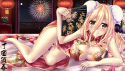 Rule 34 | 1girl, absurdres, bare arms, bare shoulders, bed, blonde hair, blush, breasts, bun cover, china dress, chinese clothes, chinese new year, cleavage, cleavage cutout, closed mouth, clothing cutout, date a live, double bun, dress, fireworks, folding fan, full body, hair between eyes, hair bun, hand fan, happy new year, highres, hoshimiya mukuro, indoors, lampion, lantern, large breasts, long hair, looking at viewer, lying, md5 mismatch, nengajou, new year, on side, red dress, resolution mismatch, side slit, skindentation, sleeveless, sleeveless dress, smile, solo, source smaller, star cutout, tsubasaki, yellow eyes