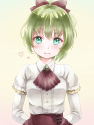 Rule 34 | 1girl, anna mel, arms behind back, ascot, beige background, black ribbon, blunt bangs, brooch, brown ribbon, buttons, center frills, closed mouth, collared shirt, dot nose, dress shirt, eyelashes, formal, frilled sleeves, frills, gradient background, green background, green eyes, green hair, hair ribbon, happy, heart, high ponytail, highres, jewelry, layered sleeves, light blush, long sleeves, looking at viewer, magia record: mahou shoujo madoka magica gaiden, mahou shoujo madoka magica, puffy short sleeves, puffy sleeves, ribbon, riri (ririwaldorf), shirt, short over long sleeves, short sleeves, simple background, smile, solo, tareme, upper body, white shirt, yellow background