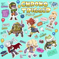 Rule 34 | 1990s (style), ayla (chrono trigger), balloon, blonde hair, blue hair, cake, cape, cat, chrono (series), chrono trigger, crono (chrono trigger), food, frog (chrono trigger), glasses, gum (gmng), headband, helmet, highres, lucca ashtear, magus (chrono trigger), marle (chrono trigger), nu (chrono trigger), open mouth, pale skin, pointy ears, ponytail, purple hair, red hair, robo (chrono trigger), short hair, treasure chest