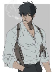 Rule 34 | 1boy, 51amimn, black eyes, black hair, black pants, cigarette, collared shirt, cross, cross necklace, facial hair, gun, hand in pocket, handgun, highres, holster, jewelry, male focus, necklace, nicholas d. wolfwood, pants, pectoral cleavage, pectorals, shirt, shoulder holster, simple background, smoke, smoking, solo, stubble, trigun, two-tone background, weapon, white shirt