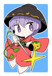 Rule 34 | 1girl, black hat, blue background, border, bowl, bowl hat, closed mouth, full body, hat, holding, holding needle, ini (inunabe00), japanese clothes, kimono, looking at viewer, miracle mallet, needle, outline, purple eyes, purple hair, red kimono, short hair, simple background, solo, sukuna shinmyoumaru, touhou, white border, white outline