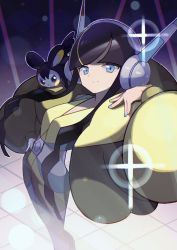 Rule 34 | 1girl, bike shorts, black hair, blonde hair, blue eyes, blue nails, blunt bangs, closed mouth, commentary request, creatures (company), down jacket, elesa (pokemon), emolga, fur jacket, game freak, gen 5 pokemon, hand on own hip, hand up, headphones, jacket, kii (kiiui), looking at viewer, multicolored hair, nail polish, nintendo, open clothes, open jacket, pokemon, pokemon (creature), pokemon bw2, red nails, short hair with long locks, smile, sparkle, standing, streaked hair, yellow jacket