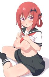 Rule 34 | 1girl, blush, breasts, breasts out, clothes lift, gabriel dropout, highres, large breasts, lifted by self, long hair, looking at viewer, medium breasts, nipples, nyaroon, open mouth, purple eyes, red hair, satanichia kurumizawa mcdowell, school uniform, serafuku, shirt lift, sitting, skirt, solo, sweatdrop, white background