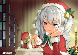 Rule 34 | 10s, 1girl, aran sweater, bell, blue eyes, blush, cable knit, cake, christmas, food, hair bell, hair ornament, hat, highres, kantai collection, kashima (kancolle), long hair, naitou ryuu, santa costume, santa hat, silver hair, smile, solo, sweater, t-head admiral, tsurime, twintails, wavy hair