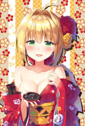 Rule 34 | 1girl, :d, ahoge, alcohol, bad id, bad pixiv id, bare shoulders, blonde hair, blush, bow, breasts, cleavage, collarbone, cup, fate/grand order, fate (series), floral print, flower, green eyes, hair between eyes, hair bow, hair flower, hair intakes, hair ornament, hands up, head tilt, holding, japanese clothes, kimono, large breasts, long sleeves, looking at viewer, masuishi kinoto, nero claudius (fate), nero claudius (fate) (all), nero claudius (fate/extra), off shoulder, official alternate costume, open mouth, print kimono, red bow, red flower, red kimono, red rose, rose, rose print, sakazuki, sake, sidelocks, simple background, smile, solo, wide sleeves, yellow flower, yellow rose