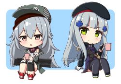 Rule 34 | 2girls, assault rifle, beret, black headwear, black legwear, black skirt, blue background, blush, boots, brown eyes, chibi, commission, cup, facial mark, flat cap, g11 (girls&#039; frontline), girls&#039; frontline, gloves, green eyes, green headwear, green jacket, grey hair, grey tank top, gun, h&amp;k hk416, hair between eyes, hair ornament, hat, hk416 (girls&#039; frontline), holding, holding cup, jacket, long hair, long sleeves, looking at viewer, mug, multiple girls, name connection, object namesake, open clothes, open jacket, parted lips, pleated skirt, purple jacket, red footwear, rifle, rynzfrancis, sitting, skirt, tank top, thighhighs, twitter username, two-tone background, very long hair, watermark, weapon, white background, white gloves