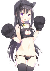 Rule 34 | 10s, 1girl, absurdres, akemi homura, animal ears, animal hands, bare shoulders, bell, black hair, black panties, black thighhighs, blush, bra, breasts, cat cutout, cat ear panties, cat ears, cat lingerie, cat paws, cat tail, choker, cleavage, cleavage cutout, clothing cutout, collar, fake animal ears, fang, gloves, highres, jingle bell, long hair, looking at viewer, mahou shoujo madoka magica, mahou shoujo madoka magica (anime), meme attire, midriff, navel, neck bell, open mouth, panties, paw gloves, purple eyes, side-tie panties, solo, standing, tail, thigh gap, thighhighs, tsubaki (tatajd), underwear, underwear only