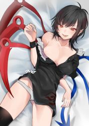 Rule 34 | 1girl, ahoge, areola slip, asymmetrical wings, black dress, black hair, black legwear, blue wings, breasts, buttons, collarbone, commentary request, commission, cowboy shot, dress, dutch angle, frills, gluteal fold, hair between eyes, highres, houjuu nue, lying, makita (vector1525), medium breasts, medium hair, off shoulder, on back, on bed, open mouth, panties, pointy ears, red eyes, red wings, seductive smile, signature, skeb commission, smile, solo, touhou, underwear, undressing, white panties, wings, wristband