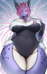 Rule 34 | 1girl, absurdres, animal ears, black leotard, breasts, closed mouth, covered navel, eyes visible through hair, furry, furry female, hair over one eye, heart, highres, horns, large breasts, leotard, long hair, looking at viewer, original, pink hair, smile, solo, spoken heart, suurin (ksyaro), thick thighs, thighs