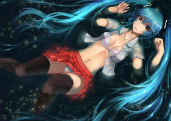 Rule 34 | 1girl, aqua hair, black thighhighs, bra, collarbone, dutch angle, expressionless, hands up, hatsune miku, highres, lace, lace-trimmed bra, lace trim, long hair, looking at viewer, lying, midriff, navel, on back, open clothes, open shirt, panties, pantyshot, partially submerged, red skirt, see-through, shirt, short sleeves, skirt, solo, thighhighs, underwear, upskirt, vocaloid, water, wenhe, wet, wet clothes, white bra, white panties, white shirt, yellow eyes