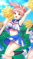 Rule 34 | 3girls, :d, armpits, bare arms, black socks, blue panties, blue skirt, blue sky, blurry, blurry background, blush, bow, bra, cheerleader, clothes lift, collarbone, crop top, day, doukyuusei another world, floating hair, frilled bra, frilled panties, frills, game cg, hair bow, jumping, kishimoto sae, kneehighs, long hair, midriff, miniskirt, mole, mole under eye, multiple girls, navel, open mouth, panties, pink hair, pleated skirt, pom pom (cheerleading), ponytail, purple bra, red eyes, shirt, shoes, skirt, skirt lift, sky, sleeveless, sleeveless shirt, smile, sneakers, socks, solo focus, stomach, strap gap, sunlight, underwear, white footwear, yellow bow