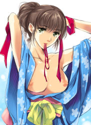Rule 34 | 1girl, adjusting hair, bad id, bad pixiv id, breasts, brown hair, flieger, green eyes, japanese clothes, kimono, mouth hold, nipples, ribbon, solo, undressing