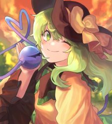 Rule 34 | 1girl, ;), bad id, bad pixiv id, black hat, blush, bow, cheunes, commentary, green eyes, green hair, hair between eyes, hand up, hat, hat bow, heart, heart of string, highres, komeiji koishi, long sleeves, looking at viewer, one eye closed, shirt, short hair, smile, solo, third eye, touhou, upper body, wide sleeves, yellow bow, yellow shirt