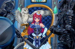 Rule 34 | 1girl, absurdres, armor, bare shoulders, bird, black armor, blue eyes, braid, breastplate, brown theme, chair, choker, detached sleeves, dress, fire, fire, full armor, gauntlets, gloves, green fire, hand on own hip, highres, knight, long hair, nora (nora7), original, owl, polearm, red hair, shield, single braid, sitting, smile, solo, spear, sword, throne, weapon