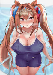 Rule 34 | 1girl, absurdres, blue gemstone, blue one-piece swimsuit, blurry, blush, bow, breasts, brown hair, cleavage, closed mouth, clothes pull, competition school swimsuit, competition swimsuit, covered navel, daiwa scarlet (umamusume), depth of field, embarrassed, fang, gem, hair between eyes, hair bow, hair intakes, highres, large breasts, legs together, long hair, looking at viewer, one-piece swimsuit, one-piece swimsuit pull, pink eyes, qianshui baodan, red bow, school swimsuit, skin fang, solo, swimsuit, thighs, tiara, twintails, umamusume, very long hair, wet, wet clothes, wet swimsuit