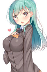 Rule 34 | 10s, 1girl, aqua hair, blush, breast suppress, breasts, brown eyes, hair ornament, hairclip, heart, highres, kantai collection, large breasts, long hair, looking at viewer, nan (jyomyon), open mouth, school uniform, simple background, solo, suzuya (kancolle), upper body, white background