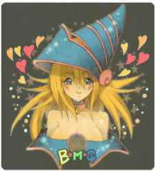 Rule 34 | 1girl, aikosu (icos), bare shoulders, blonde hair, blue eyes, blue hat, blush stickers, breasts, cleavage, dark magician girl, duel monster, hat, heart, large breasts, long hair, looking at viewer, outline, solo, upper body, white outline, wizard hat, yu-gi-oh!, yu-gi-oh! duel monsters