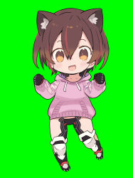 Rule 34 | 1girl, blade (galaxist), brown eyes, brown hair, chibi, full body, green background, hands up, highres, hololive, hood, hood down, hoodie, looking at viewer, paw shoes, pink hoodie, revealing clothes, roboco-san, roboco-san (hoodie), smile, solo, virtual youtuber