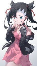 Rule 34 | 1girl, asymmetrical bangs, black choker, black hair, black jacket, black nails, blush, breasts, choker, cleavage, commentary request, creatures (company), dress, earrings, elxion, eyelashes, fingersmile, game freak, green eyes, hair ribbon, hands up, highres, jacket, jewelry, looking at viewer, marnie (pokemon), nail polish, nintendo, off shoulder, pink dress, pokemon, pokemon swsh, red ribbon, ribbon, solo, twintails, white background