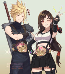 Rule 34 | 1boy, 1girl, arm guards, armor, bare shoulders, black gloves, black hair, black skirt, black sports bra, black thighhighs, blonde hair, bracelet, breasts, brown hair, buster sword, championship belt, closed eyes, closed mouth, cloud strife, commentary request, cowboy shot, crop top, crossed arms, dated, earrings, final fantasy, final fantasy vii, final fantasy vii remake, fingerless gloves, glint, gloves, grin, hand on own hip, jewelry, large breasts, long hair, low-tied long hair, midriff, ohse, one eye closed, outstretched arm, red eyes, ribbed sweater, shoulder armor, single bare shoulder, single earring, skirt, sleeveless, sleeveless turtleneck, smile, sparkle, spiked hair, sports bra, suspender skirt, suspenders, sweater, tank top, teardrop earring, teeth, thighhighs, tifa lockhart, turtleneck, turtleneck sweater, undershirt, v, watermark, weapon, weapon on back, white tank top, zettai ryouiki