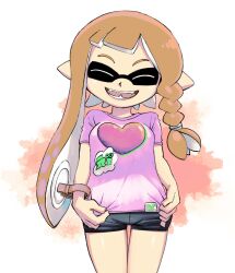 Rule 34 | 1girl, ^ ^, asymmetrical hair, bike shorts, black shorts, braid, breasts, closed eyes, clothes pull, fangs, heart, highres, inkling, inkling girl, inkling player character, legs together, long hair, muramasa mikado, nintendo, open mouth, orange hair, pink shirt, pointy ears, pulled by self, shirt, shirt pull, short sleeves, shorts, small breasts, smile, solo, splatoon (series), splatoon 3, standing, straight-on, t-shirt, teeth, tentacle hair, thigh gap, thighs