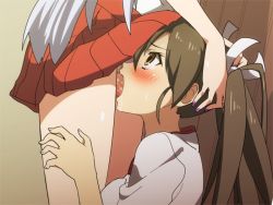 Rule 34 | 10s, 1futa, 1girl, anime coloring, bad id, bad pixiv id, blush, brown eyes, brown hair, fellatio, futa with female, futanari, gradient background, hair ribbon, hand on another&#039;s head, hands on another&#039;s head, head out of frame, irrumatio, kantai collection, long hair, multiple girls, nail polish, open mouth, oral, penis, ponytail, purple nails, red skirt, ribbon, saliva, shoukaku (kancolle), skirt, solo focus, tesuto, zuikaku (kancolle)