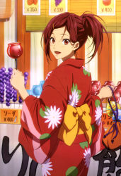 Rule 34 | 10s, 1girl, :d, absurdres, candy apple, cleaned, food, free!, hair ornament, hair up, hairclip, highres, japanese clothes, kimono, looking at viewer, looking back, matsuoka gou, non-web source, nyantype, official art, open mouth, ponytail, red eyes, red hair, red kimono, smile, solo, yukata