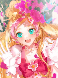 Rule 34 | 1girl, :d, absurdres, blonde hair, blush, bow, collarbone, cure flora, earrings, flower, flower brooch, flower earrings, flower necklace, gloves, go! princess precure, green eyes, haruno haruka, highres, jewelry, long hair, looking at viewer, magical girl, multicolored hair, nani (s2 nani), necklace, open mouth, petals, pink bow, pink hair, precure, smile, solo, streaked hair, twitter username, two-tone hair, upper body, white gloves