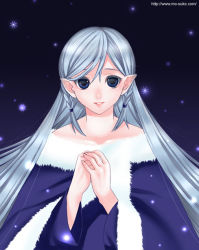Rule 34 | 1girl, blue dress, blue eyes, collarbone, dress, fur trim, long hair, looking at viewer, mattaku mousuke, off-shoulder dress, off shoulder, original, own hands together, pointy ears, silver hair, solo, sparkle, very long hair