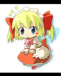 Rule 34 | 1girl, blonde hair, blue eyes, blush stickers, chibi, commentary request, dress, fairy, fairy wings, hair ribbon, jacket, long dress, long sleeves, maid headdress, mary janes, neck ribbon, notice lines, oka (bananashoe), open mouth, orange dress, orange ribbon, pink ribbon, red footwear, ribbon, shoes, short twintails, solo, sunny milk, touhou, twintails, white jacket, wings