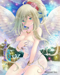 Rule 34 | 1girl, angel wings, aqua eyes, bare arms, bare shoulders, between legs, blush, bottle, bracelet, breasts, bucket, cleavage, cloud, collarbone, cowboy shot, cup, drinking glass, falkyrie no monshou, feathered wings, flower, green eyes, hair between eyes, hair flower, hair ornament, hand between legs, jewelry, jug (bottle), large breasts, light particles, long hair, looking down, naked towel, navel, necklace, nose blush, official art, outdoors, pendant, pink flower, pink rose, red flower, red rose, ring, rose, sitting, sky, snowflakes, solo, soukuu kizuna, stomach, towel, white wings, wings