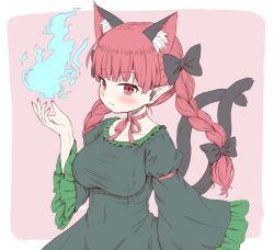Rule 34 | 1girl, animal ear fluff, animal ears, arinu, black bow, blunt bangs, blush, bow, braid, breasts, cat ears, cat tail, choker, dress, expressionless, extra ears, fingernails, frills, green dress, hair bow, hair ribbon, hand up, highres, hitodama, juliet sleeves, kaenbyou rin, large breasts, long hair, long sleeves, looking at viewer, multiple tails, nail polish, neck ribbon, nekomata, pink background, pointy ears, puffy sleeves, red background, red eyes, red hair, red nails, red ribbon, ribbon, ribbon choker, sharp fingernails, simple background, solo, tail, touhou, tress ribbon, twin braids, twintails, two tails, upper body, wide sleeves
