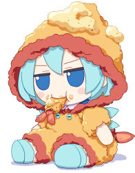 Rule 34 | 1girl, absurdres, blue eyes, blue footwear, blue hair, blush stickers, cirno, detached wings, eating, fairy, food, food on face, fumo (doll), hair between eyes, highres, ice, ice wings, kame (kamepan44231), shoes, short hair, short sleeves, shrimp, simple background, solo, touhou, white background, wings
