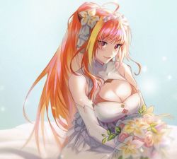 Rule 34 | 1girl, ahoge, alternate costume, bare shoulders, blonde hair, blue background, breast cutout, breasts, cleavage, commentary request, covered collarbone, dragon girl, dragon horns, dress, elbow gloves, eyes visible through hair, flower, gloves, hair flower, hair ornament, highres, hololive, horns, kiryu coco, large breasts, long hair, looking at viewer, multicolored hair, orange eyes, orange hair, ponytail, roperi3d, simple background, sleeveless, smile, solo, two-tone hair, upper body, virtual youtuber, wedding dress