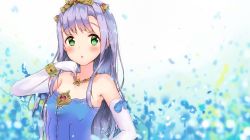 Rule 34 | 10s, 1girl, adore (adoredesu), bad id, bad pixiv id, blue ribbon, bracelet, breasts, elbow gloves, eyebrows, gloves, green eyes, hair ornament, highres, jewelry, long hair, looking at viewer, necklace, original, outbreak company, petralka anne eldant iii, purple hair, ribbon, small breasts, solo, strapless, upper body, white gloves
