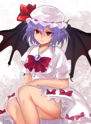 Rule 34 | &gt;:), 1girl, bad id, bad pixiv id, bat wings, blue hair, bow, bowtie, brooch, closed mouth, dress, hat, hat ribbon, highres, jewelry, looking at viewer, mob cap, puffy short sleeves, puffy sleeves, red bow, red bowtie, red eyes, red ribbon, remilia scarlet, ribbon, short hair, short sleeves, smile, solo, touhou, upper body, v-shaped eyebrows, white dress, wings, x&amp;x&amp;x