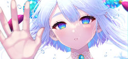 Rule 34 | 1girl, air bubble, blue eyes, blue hair, blurry, blurry foreground, bubble, face, green eyes, hand up, highres, kohanayuki, light blue hair, light blush, looking at viewer, multicolored eyes, original, parted lips, purple eyes, short hair, solo, tassel, twitter username