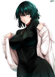 Rule 34 | 1girl, absurdres, black dress, blunt bangs, blush, breasts, covered navel, deroo, dress, fubuki (one-punch man), green eyes, green hair, half-closed eyes, highres, jacket, jewelry, large breasts, long sleeves, looking at viewer, necklace, one-punch man, parted lips, removing jacket, short hair, simple background, solo, white background, white jacket