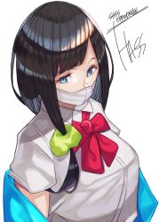 Rule 34 | aqua eyes, black hair, blanket, bow, bowtie, breasts, character name, copyright name, from above, gridman universe, hassu, highres, long hair, looking at viewer, low-tied long hair, mask, mouth mask, portrait, red bow, red bowtie, school uniform, scrunchie, shirt, simple background, solo, ssss.gridman, surgical mask, wata92361217, white background, white shirt