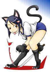 Rule 34 | 1girl, :p, animal ears, animal hands, bent over, blue hair, brown eyes, buruma, cat ears, cat paws, cat tail, cynthia the mission, hair ornament, hairclip, highres, nakatsuka yumiko, raised eyebrow, short hair, solo, sword, tail, tongue, tongue out, weapon