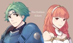 Rule 34 | 1boy, 1girl, alm (fire emblem), armor, bad id, bad pixiv id, bare shoulders, breasts, celica (fire emblem), circlet, cleavage, copyright name, dress, earrings, fire emblem, fire emblem echoes, fire emblem echoes: shadows of valentia, green eyes, green hair, ichikeita, jewelry, lipstick, long hair, makeup, nintendo, pauldrons, red eyes, red hair, shoulder armor, simple background, sleeveless, small breasts, smile, strapless, strapless dress, tiara, upper body, weapon