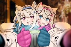 Rule 34 | 2girls, alternate costume, animal ears, blonde hair, blue eyes, blue gloves, cheek-to-cheek, cup, dog ears, dog girl, fuwawa abyssgard, gloves, heads together, highres, holding, holding cup, hololive, hololive english, meme, mococo abyssgard, multiple girls, pov, pov cheek warming (meme), purple eyes, purple gloves, siblings, sisters, syaqastic, twins, virtual youtuber