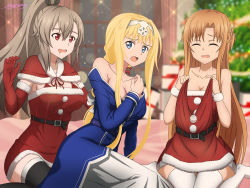 Rule 34 | 3girls, alice zuberg, asuna (sao), black bow, black thighhighs, blonde hair, blue eyes, blurry, blurry background, bow, braid, breasts, brown hair, capelet, christmas, christmas tree, cleavage, closed eyes, collarbone, dress, drooling, elbow gloves, eydis (sao), fur-trimmed capelet, fur-trimmed gloves, fur trim, gloves, grey hair, hair bow, hair intakes, hairband, high ponytail, highres, lens flare, long hair, medium breasts, multiple girls, mysteryctu, open mouth, red capelet, red dress, red eyes, red gloves, red ribbon, ribbon, santa costume, short dress, signature, sitting, strapless, strapless dress, sword art online, sword art online: alicization, sword art online: unleashed blading, thighhighs, very long hair, wariza, wavy mouth, white hairband, white thighhighs, wrist cuffs, zettai ryouiki