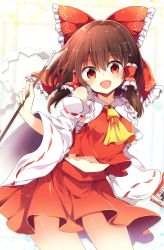 Rule 34 | 1girl, ascot, bare shoulders, blush, bow, breasts, brown hair, clothes lift, commentary request, cowboy shot, detached sleeves, frilled bow, frilled shirt collar, frills, gohei, hair between eyes, hair bow, hair tubes, hakurei reimu, hand up, head tilt, highres, holding, long sleeves, looking at viewer, maturiuta sorato, medium breasts, midriff, navel, ofuda, open mouth, red bow, red eyes, red skirt, ribbon-trimmed sleeves, ribbon trim, sarashi, shide, short hair, sidelocks, skirt, skirt lift, smile, solo, standing, stomach, thighs, touhou, white background, wide sleeves, yellow ascot