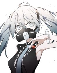 Rule 34 | 1girl, ahoge, armpits, bad id, bad pixiv id, badge, bare shoulders, black shirt, blue eyes, blue hair, bracelet, commentary, facial mask, gas mask, giryu, hand up, hatsune miku, heart, holding, holding heart, i heart..., jewelry, long hair, mask, necktie, reversible campaign (vocaloid), shirt, sideways glance, sleeveless, sleeveless shirt, solo, star (symbol), star print, twintails, vocaloid, white background